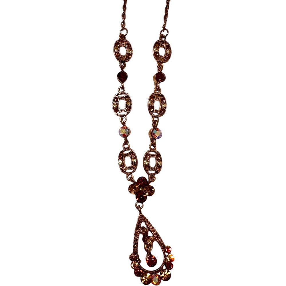 BLV Vintage Gold tone Teardrop Pendant Necklace with Amber Rhinestones